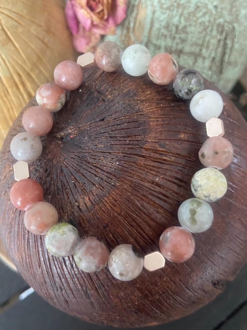 Plum Blossom Jasper with rose gold Hematite Bracelet